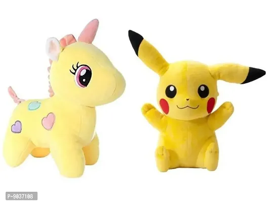 2 Pcs Yellow Unicorn And Pickachu Soft Toys Best Gift For Valentine Day, Kids Birthday, Marriage Anniversary etc. High Quality Soft Material Attractive Unicorn - 25 Cm And Pickachu - 30 Cm
