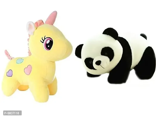2 Pcs Yellow Unicorn And Panda Soft Toys Best Gift For Valentine Day, Kids Birthday, Marriage Anniversary etc. High Quality Soft Material Attractive Unicorn - 25 Cm And Panda - 25 Cm-thumb0