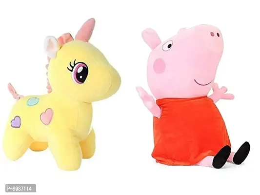 2 Pcs Yellow Unicorn And Orange Pig Soft Toys Best Gift For Valentine Day, Kids Birthday, Marriage Anniversary etc. High Quality Soft Material Attractive Unicorn - 25 Cm And Pig - 30 Cm-thumb0