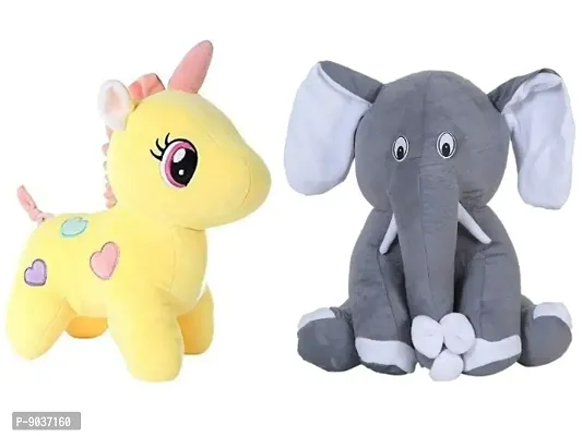 2 Pcs Yellow Unicorn And Grey Appu Elephant Soft Toys Best Gift For Valentine Day, Kids Birthday, Marriage Anniversary etc. High Quality Soft Material Attractive Unicorn - 25 Cm And Elephant - 25 Cm