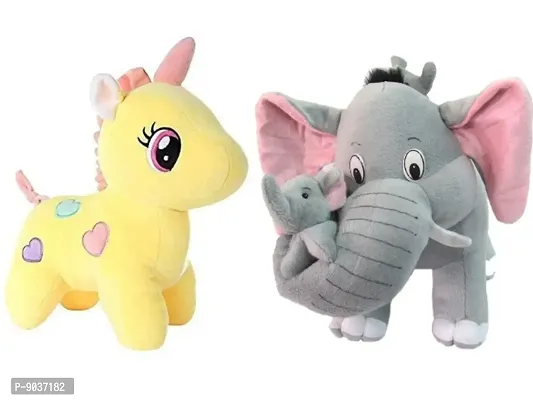2 Pcs Yellow Unicorn And Elephant Soft Toys Best Gift For Valentine Day, Kids Birthday, Marriage Anniversary etc. High Quality Soft Material Attractive Unicorn - 25 Cm And Elephant - 30 Cm-thumb0