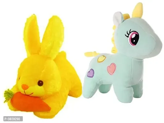 2 Pcs Yellow Rabbit And Green Unicorn Soft Toys Best Gift For Valentine Day, Kids Birthday, Marriage Anniversary etc. High Quality Soft Material Attractive Rabbit - 25 Cm And Unicorn - 25 Cm