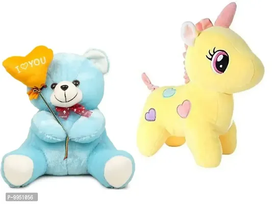 1 Pcs Blue Teddy And 1 Pcs Yellow Unicorn Best Gift For Couple High Quality Soft Toy ( Blue Teddy - 25 cm And Unicorn - 25 cm )-thumb0