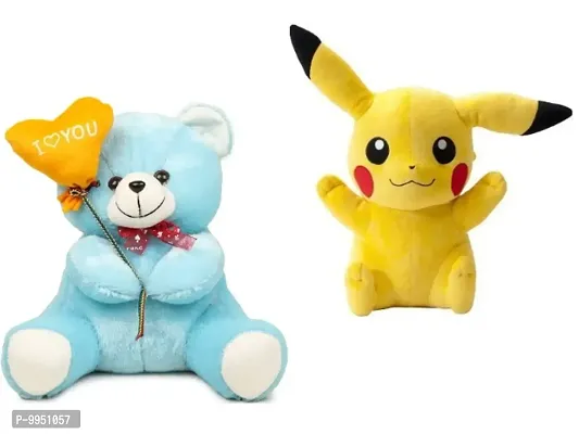 1 Pcs Blue Teddy And 1 Pcs Pickachu Best Gift For Couple High Quality Soft Toy ( Blue Teddy - 25 cm And Pickachu - 30 cm )
