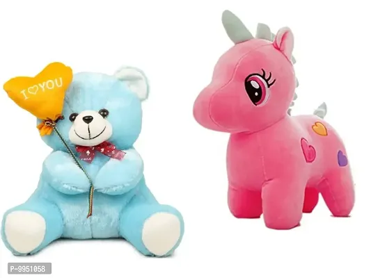 1 Pcs Blue Teddy And 1 Pcs Pink Unicorn Best Gift For Couple High Quality Soft Toy ( Blue Teddy - 25 cm And Unicorn - 25 cm )