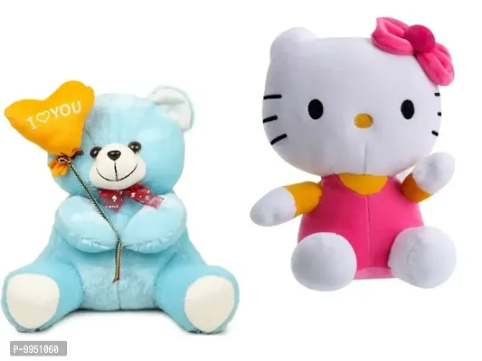 1 Pcs Blue Teddy And 1 Pcs Kitty Best Gift For Couple High Quality Soft Toy ( Blue Teddy - 25 cm And Kitty - 30 cm )