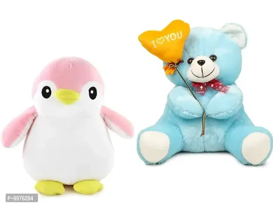 1 Pcs Pink Penguin And 1 Pcs Blue Love Teddy Best Gift For Couple High Quality Soft Toy ( Pink Penguin - 30 cm And Teddy - 25 cm )