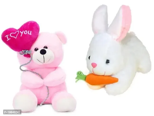 1 Pcs Pink Love Teddy And 1 Pcs White Rabbit Best Gift For Couple High Quality Soft Toy ( Pink Teddy - 25 cm And Rabbit - 25 cm )-thumb0
