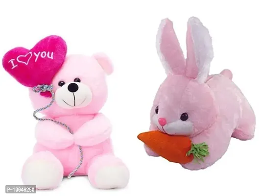 1 Pcs Pink Love Teddy And 1 Pcs Pink Rabbit Carrot Best Gift For Couple High Quality Soft Toy ( Pink Teddy - 25 cm And Rabbit - 25 cm )-thumb0