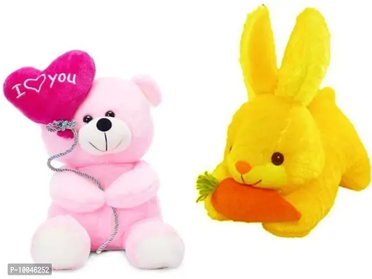 1 Pcs Pink Love Teddy And 1 Pcs Yellow Rabbit Best Gift For Couple High Quality Soft Toy ( Pink Teddy - 25 cm And Rabbit - 25 cm )