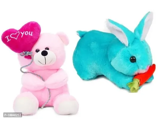 1 Pcs Pink Love Teddy And 1 Pcs Blue Rabbit Best Gift For Couple High Quality Soft Toy ( Pink Teddy - 25 cm And Rabbit - 25 cm )