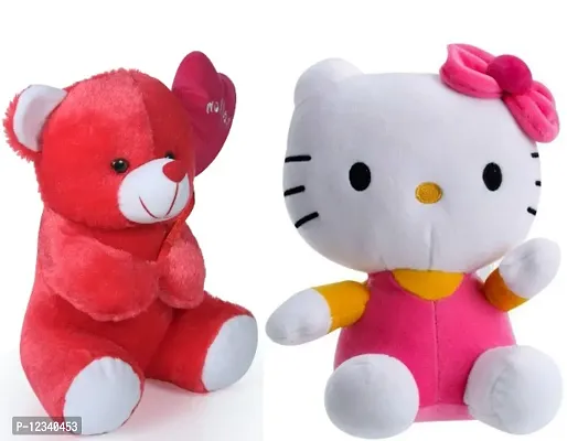 Soft Toys Red Love Teddy And Kitty Bear For Couple Best Gift For Your Partner High Quality Soft Material Good Looking Soft Toys ( Red Teddy - 25 cm And Kitty - 30 cm )-thumb0