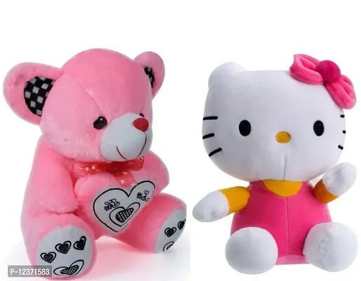 Soft Toys Pink Teddy Bear And Kitty For Couple Best Gift For Your Partner High Quality Soft Material Good Looking Soft Toys ( Pink Teddy - 28 cm And Kitty - 30 cm )-thumb0