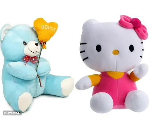 Soft Toys Blue Love Teddy And Kitty For Couple Best Gift For Your Partner High Quality Soft Material Good Looking Soft Toys ( Blue Love Teddy - 25 cm And Kitty - 30 cm )