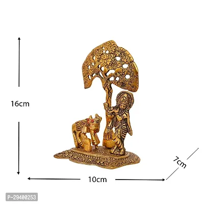 Metal Krishna Idol Murti with Kamdhenu Cow - Gold Plated Showpiece Articles for Home Decor-thumb3