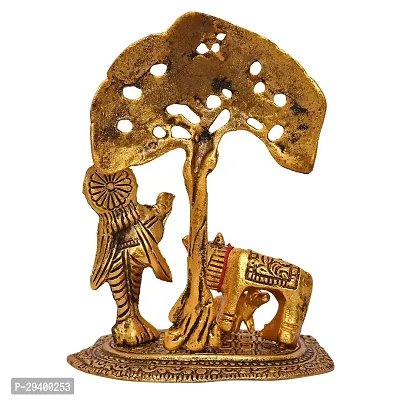 Metal Krishna Idol Murti with Kamdhenu Cow - Gold Plated Showpiece Articles for Home Decor-thumb2