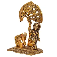 Metal Krishna Idol Murti with Kamdhenu Cow - Gold Plated Showpiece Articles for Home Decor-thumb3