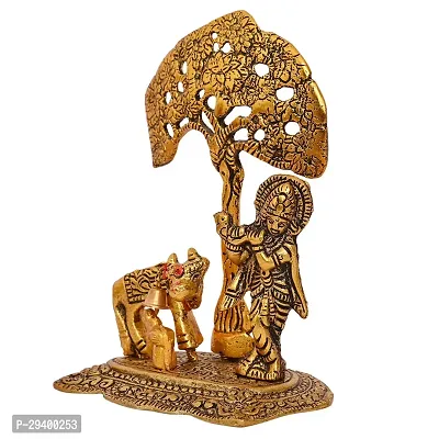 Metal Krishna Idol Murti with Kamdhenu Cow - Gold Plated Showpiece Articles for Home Decor-thumb4