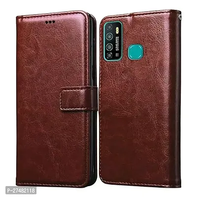 Infinix Hot 9 Flip Cover Leather Finish | Inside TPU with Card Pockets | Wallet Stand (Brown)-thumb0