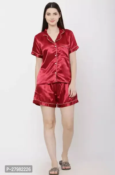Stylish Red Satin Solid Top And Shorts Set Nightdress For Women