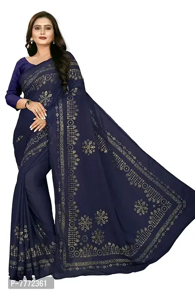 Aaradhya Fashion Women`s Lycra Blended Saree With Zari Work With Blouse Piece (Navy Blue)-thumb0