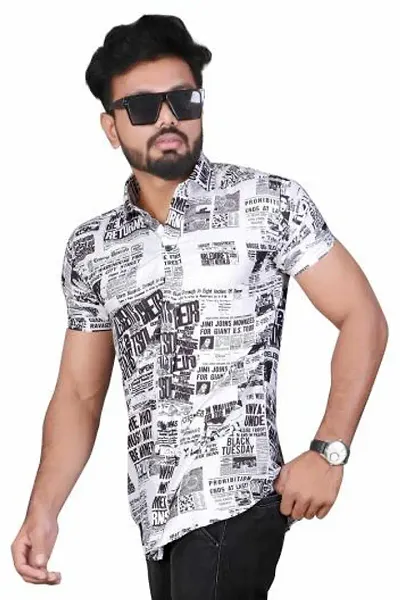 Edgy Mens Lycra News Papper Design Half Sleeve Casual Shirts for Boys and Mens (White) (Size:-Small)