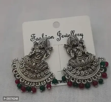 Silver Plated Studs with Goddess Laxmi Bottom with Red and Green beads-thumb0