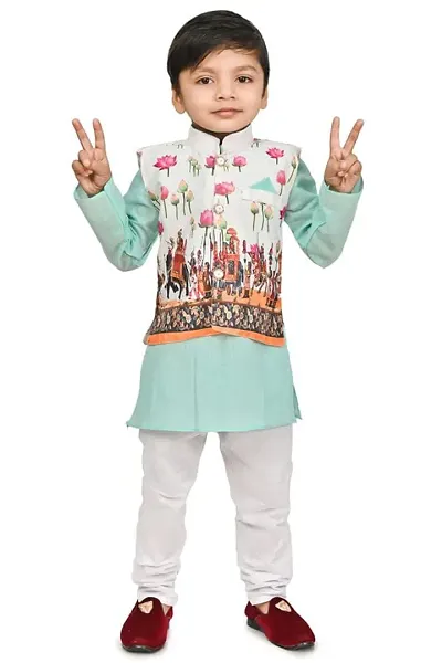A R Fashions Boys Cotton Mandarian Collar Long Sleeve Solid Kurta Pajama With Jacket