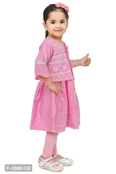 A R Fashions Girls Cotton Round Neck 3/4 Sleeve Solid Embroidered Dress-thumb3