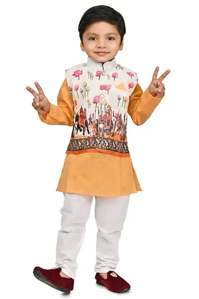 A R Fashions Boys Mandarian Collar Long Sleeve Solid Kurta Pajama With Jacket