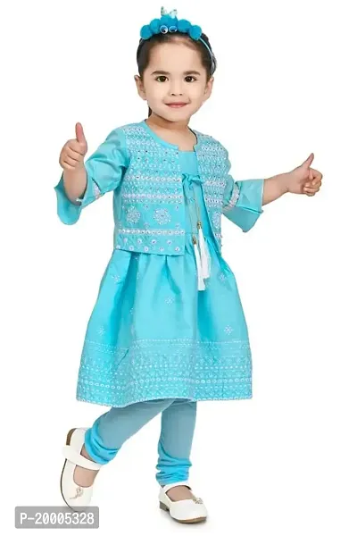 A R Fashions Girls Cotton Round Neck 3/4 Sleeve Solid Embroidered Dress