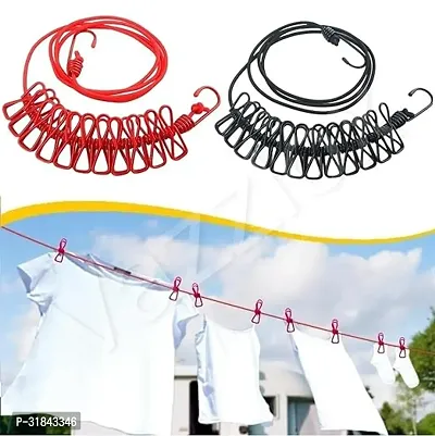 Portable Multi Functional Drying Rope with 12 Clips and 2 Hooks Iron Cloth Clips(pack of 1)-thumb0