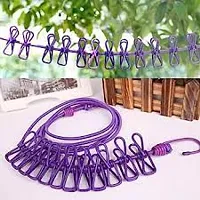 Portable Multi Functional Drying Rope with 12 Clips and 2 Hooks Iron Cloth Clips(pack of 1)-thumb1