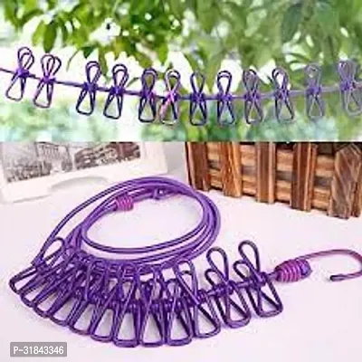 Portable Multi Functional Drying Rope with 12 Clips and 2 Hooks Iron Cloth Clips(pack of 1)-thumb2