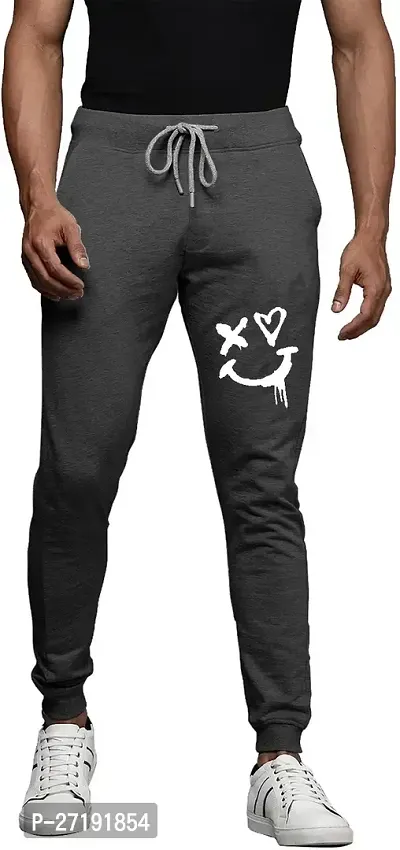 Stylish Grey Cotton Blend Printed Regular Track Pants For Men-thumb0