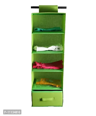 SHREY CREATION Hanging 5 Shelf Wardrobe Organizer/Closet Organizer with Drawer-Parrote Green-(30 * 30 * 85 CM)