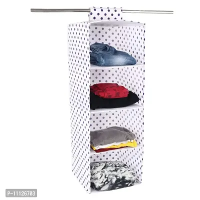 SHREY CREATION Non Woven Fabric Foldable Hanging 4 Shelves Wardrobe/Closet Cloth Organizer, (Purple Dot)