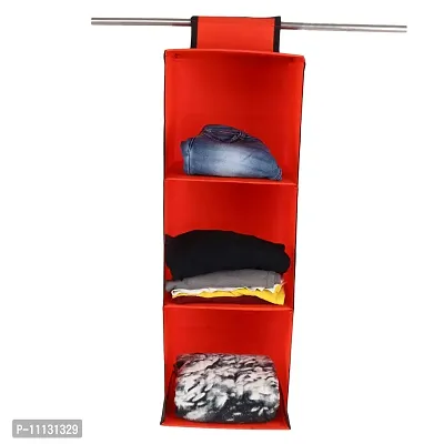 SHREY CREATION Non Woven Foldable Hanging 3 Shelves Wardrobe/Closet Cloth Organizer / Clothes Storage Wardrobe Organiser for Almirah (Pack of 2, Red)-thumb2