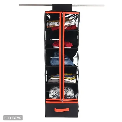 Shrey Creation Non-Woven Hanging Cloth Organizer / Wardrobe Shelf Organizer with Zip. (5 Shelves, Black)-thumb2