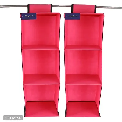 SHREY CREATION Non Woven Foldable Hanging 3 Shelves Wardrobe/Clothes Storage Wardrobe Organiser for Almirah (Pack of 2 Pink)-thumb0