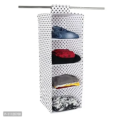 SHREY CREATION Non Woven Hanging 4 Shelves Foldable Wardrobe Closet Cloth Organizer Hanging Shelf Organizer (Black Dot)