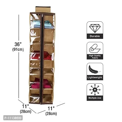 SHREY CREATION Non-Woven Cloth Hanging Storage Wardrobe Organizer with PVC Zippered Closure 6 Shelves (Beige)-thumb4