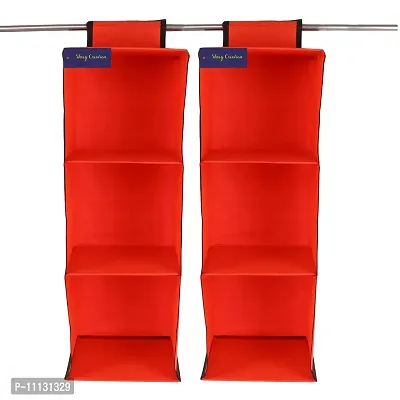 SHREY CREATION Non Woven Foldable Hanging 3 Shelves Wardrobe/Closet Cloth Organizer / Clothes Storage Wardrobe Organiser for Almirah (Pack of 2, Red)