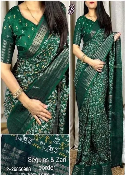 Green Cotton Blend Zari  Big Border Traditional  Wear Ethnic Motif Trendy Saree-thumb0