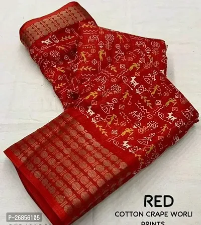 Red Cotton Blend Zari  Big Border Party  Wear Ethnic Motif Trendy Saree-thumb0