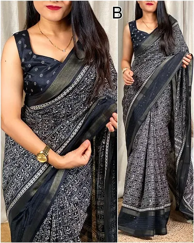 Sequins and Zari Border Kalamkari Print Soft Cotton Sarees With Blouse Piece