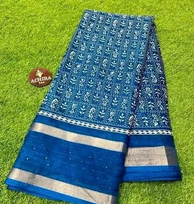 Kalamkari Printed Sequence Work Polycotton Sarees with Unstitched Blouse Piece
