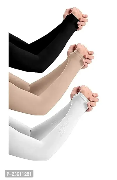 Kalkpana's Shop Biker/Sports Full Arm Fingerless Sleeves for UV, Dust, Summer, Sun Protection for Men and Women (Pack of 3 Pairs) (Black + Beige + Grey) (Blue+ Pink+ Black)