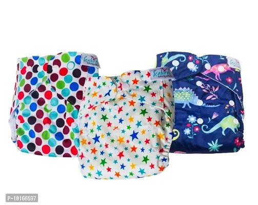 Seabird Regular Assorted Pack Of 3 (3 Diaper + 3 Insert) Cloth Diaper For Baby | Washable  Reusable Cotton Diaper Freesize | Adjustable | Reduce Rashes | With Quick Dry Insert Pad