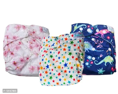 Seabird Regular Combo Pack Of 3 Diaper + 3 Insert Combo Of Assorted Cute Designs For Babies Freesize Washable  Reusable Cloth Diaper For Baby-thumb0